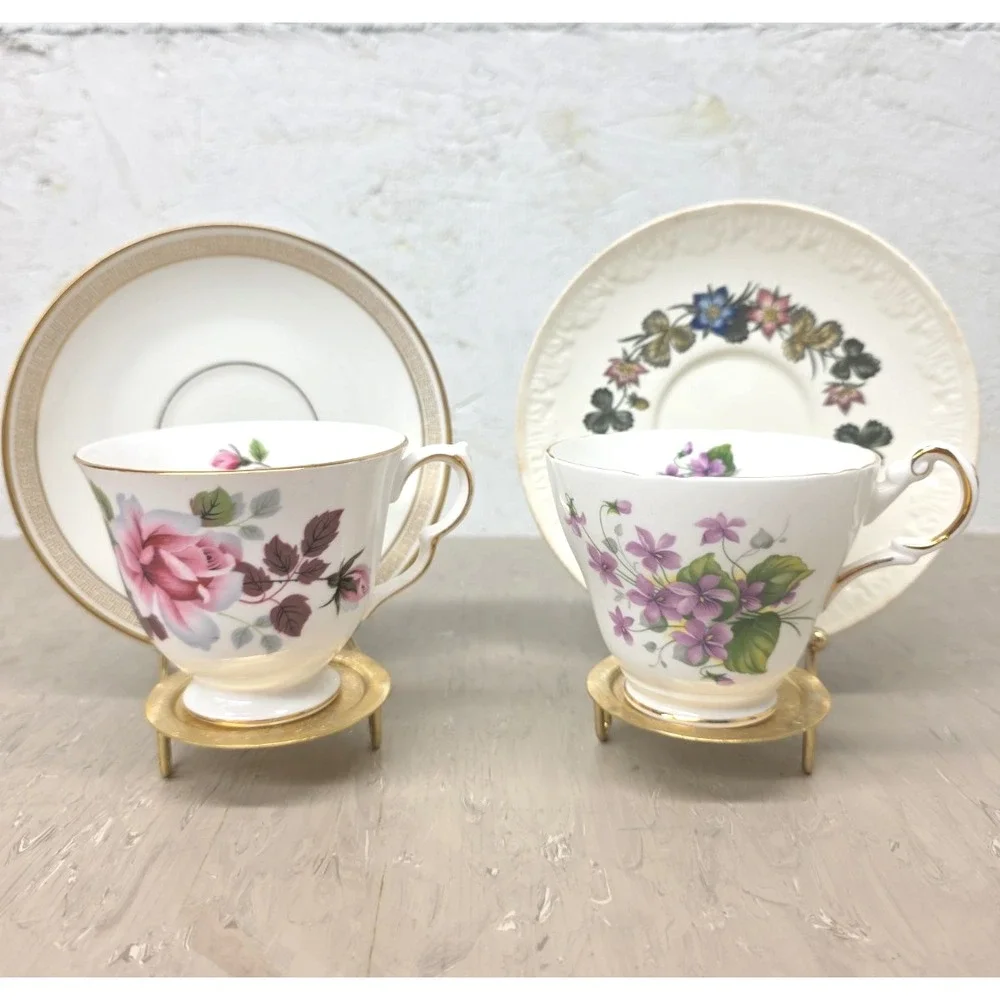 Mismatch Vtg Tea Set for 2 English Bone China Violets Roses Floral Cottagecore